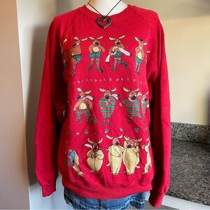 Vintage 90s Reindeer Holiday Funny Red Crewneck Sweatshirt